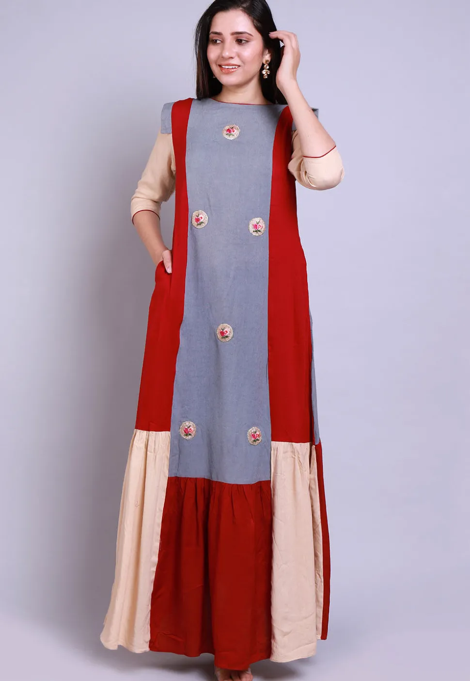 Embroidered Rayon Maxi Dress in Multicolor