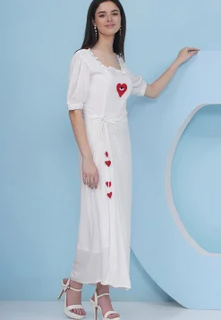 Embroidered Rayon Maxi Dress in Off White