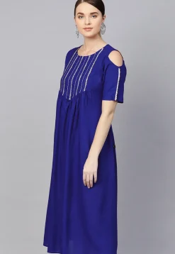 Embroidered Rayon Midi Dress in Royal Blue