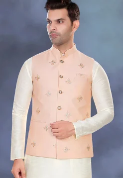 Embroidered Rayon Nehru Jacket in Peach