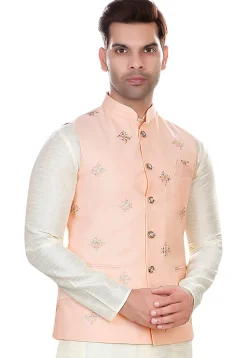 Embroidered Rayon Nehru Jacket in Peach