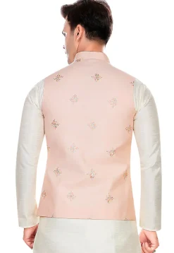 Embroidered Rayon Nehru Jacket in Peach