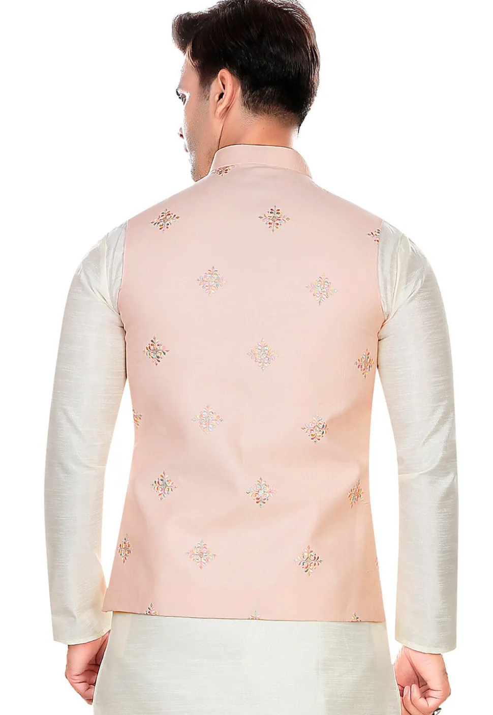 Embroidered Rayon Nehru Jacket in Peach