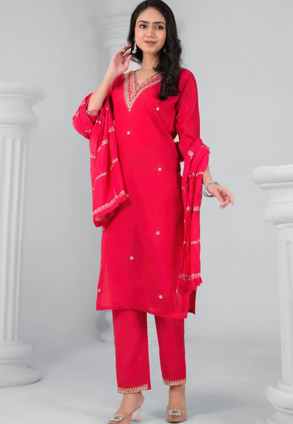 Embroidered Rayon Pakistani Suit in Red