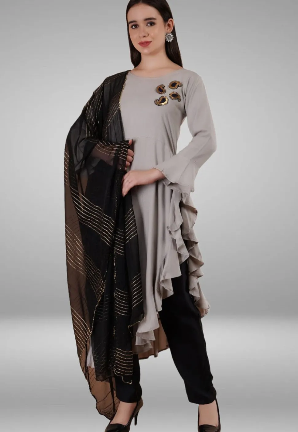 Embroidered Rayon Pakistani Suit in Grey
