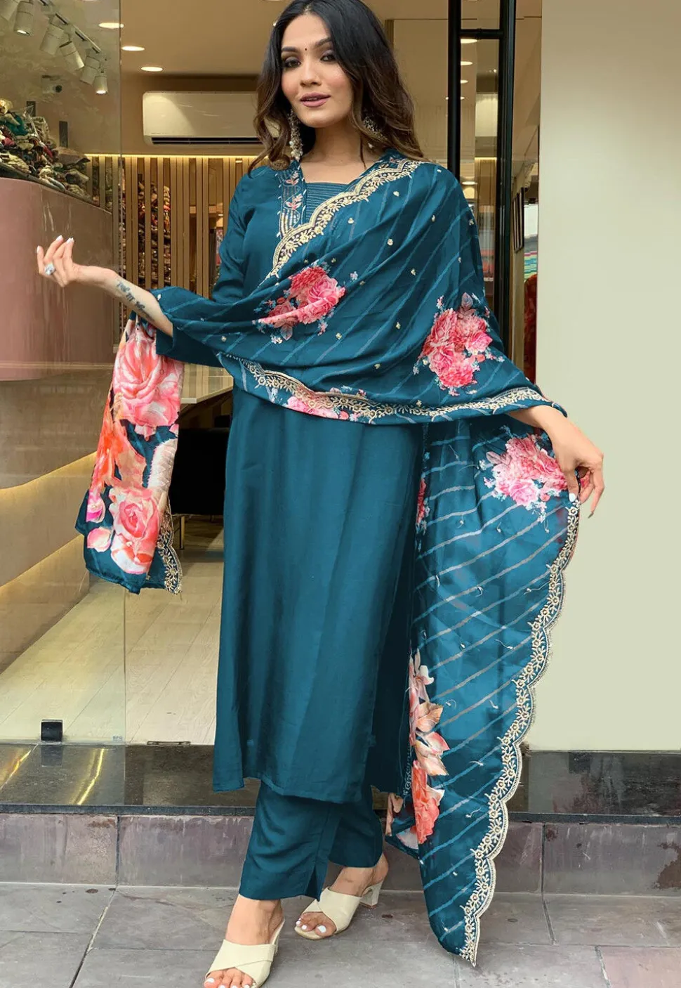 Embroidered Rayon Pakistani Suit in Teal Blue