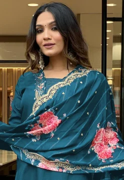 Embroidered Rayon Pakistani Suit in Teal Blue