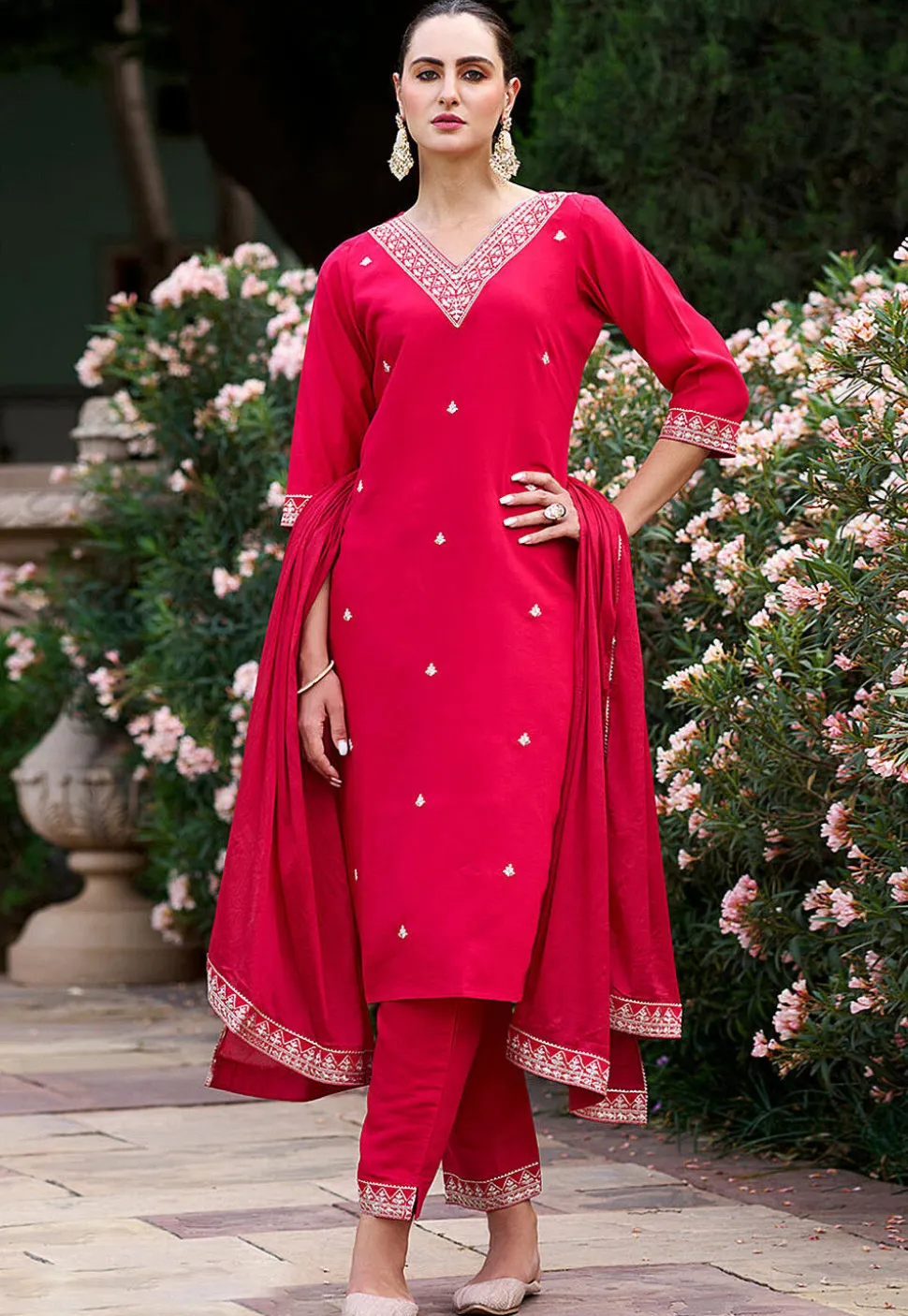 Embroidered Rayon Pakistani Suit in Fuchsia