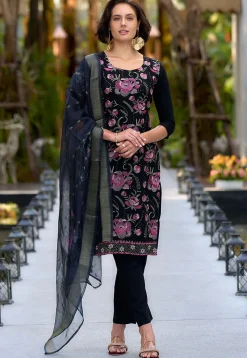 Embroidered Rayon Pakistani Suit in Navy Blue
