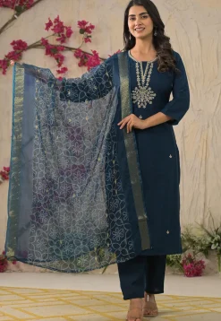 Embroidered Rayon Pakistani Suit in Teal Blue