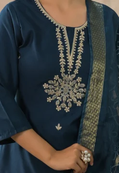 Embroidered Rayon Pakistani Suit in Teal Blue