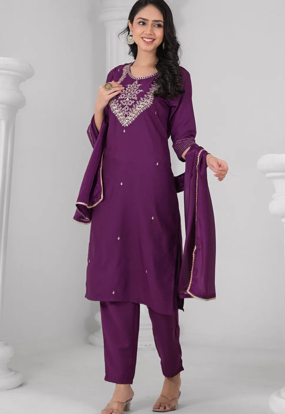 Embroidered Rayon Pakistani Suit in Purple