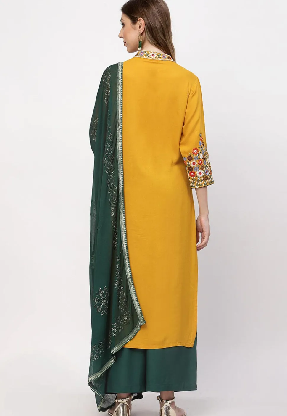 Embroidered Rayon Pakistani Suit in Mustard