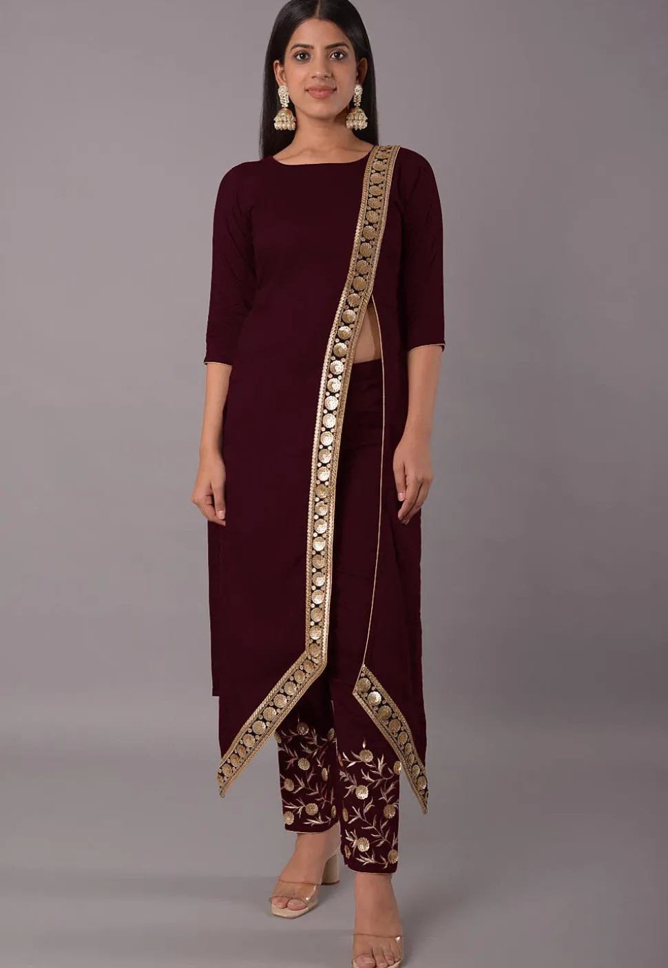 Embroidered Rayon Pakistani Suit in Wine