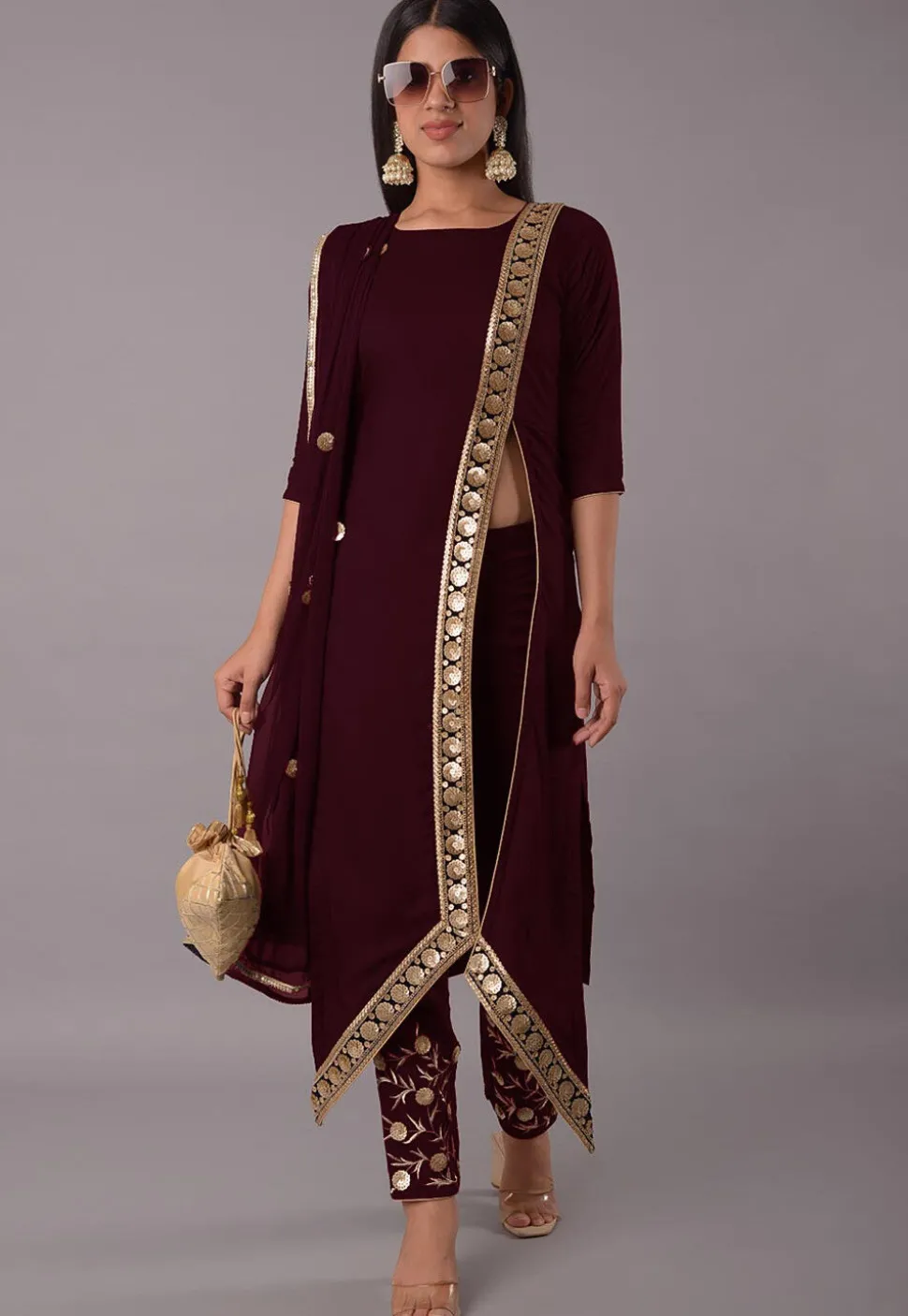 Embroidered Rayon Pakistani Suit in Wine