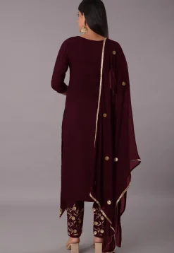 Embroidered Rayon Pakistani Suit in Wine