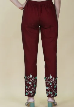 Embroidered Rayon Pant in Maroon