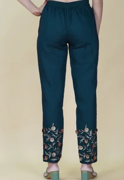Embroidered Rayon Pant in Teal Blue