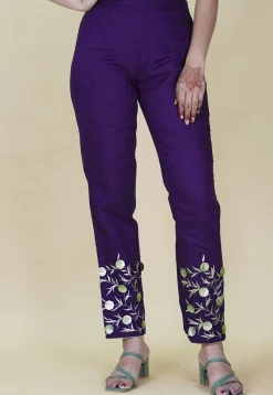 Embroidered Rayon Pant in Purple