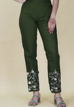 Embroidered Rayon Pant in Dark Green