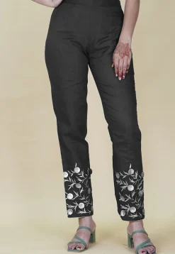 Embroidered Rayon Pant in Black
