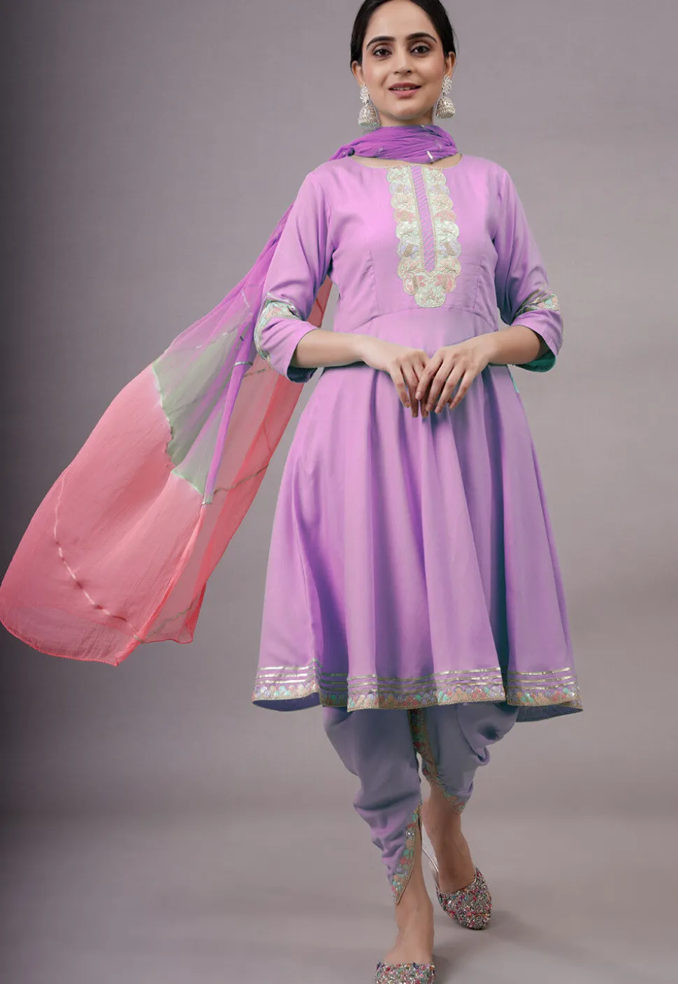 Embroidered Rayon Punjabi Suit in Light Purple