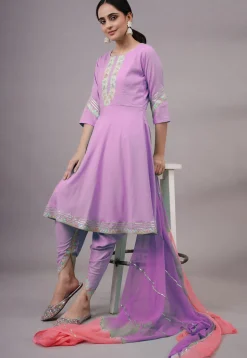 Embroidered Rayon Punjabi Suit in Light Purple