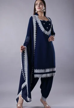 Embroidered Rayon Punjabi Suit in Navy Blue