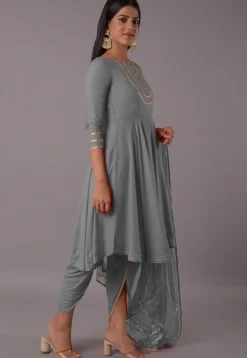 Embroidered Rayon Punjabi Suit in Grey