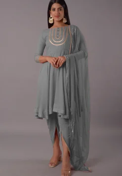 Embroidered Rayon Punjabi Suit in Grey