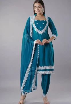 Embroidered Rayon Punjabi Suit in Teal Blue
