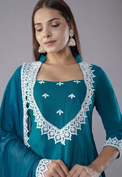 Embroidered Rayon Punjabi Suit in Teal Blue