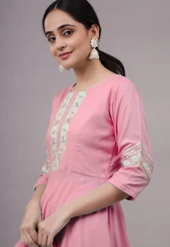 Embroidered Rayon Punjabi Suit in Pink
