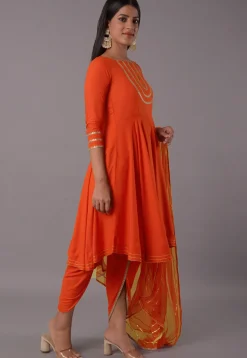 Embroidered Rayon Punjabi Suit in Orange