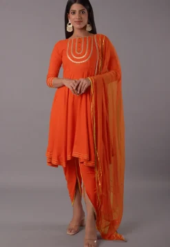 Embroidered Rayon Punjabi Suit in Orange