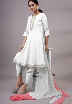 Embroidered Rayon Punjabi Suit in White