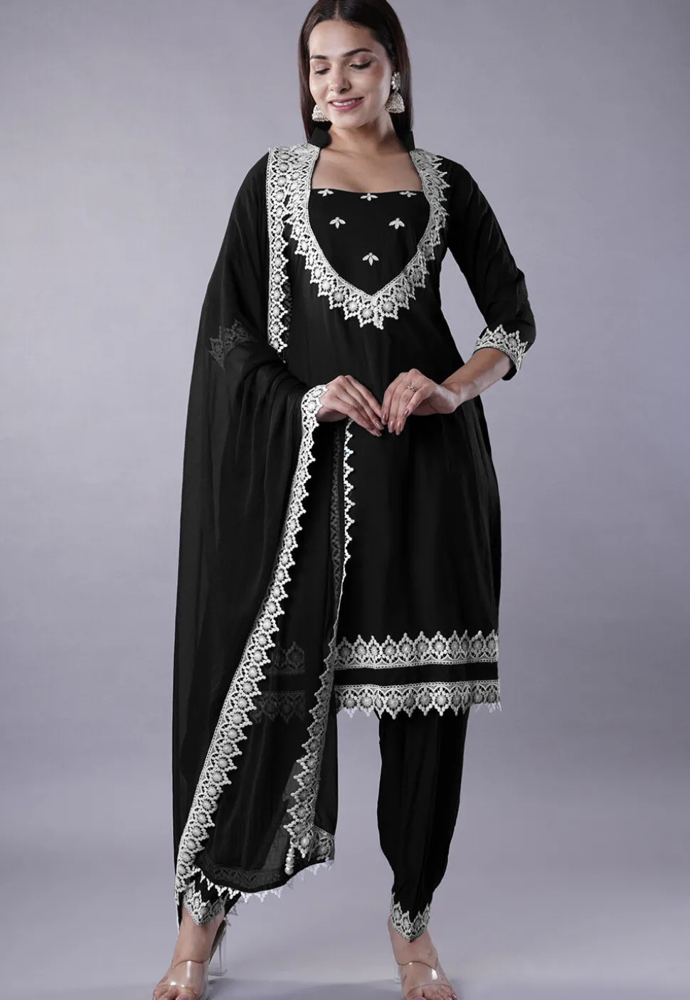 Embroidered Rayon Punjabi Suit in Black