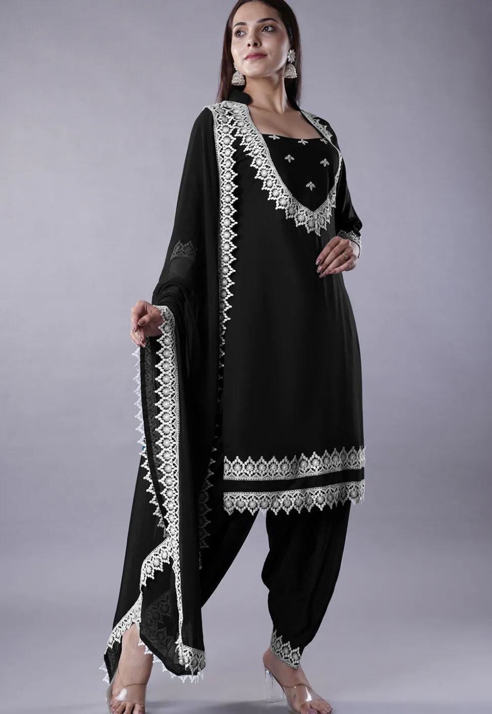 Embroidered Rayon Punjabi Suit in Black