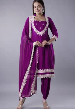 Embroidered Rayon Punjabi Suit in Magenta