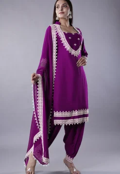 Embroidered Rayon Punjabi Suit in Magenta