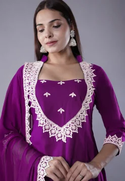 Embroidered Rayon Punjabi Suit in Magenta