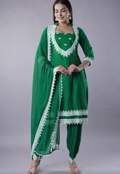 Embroidered Rayon Punjabi Suit in Green