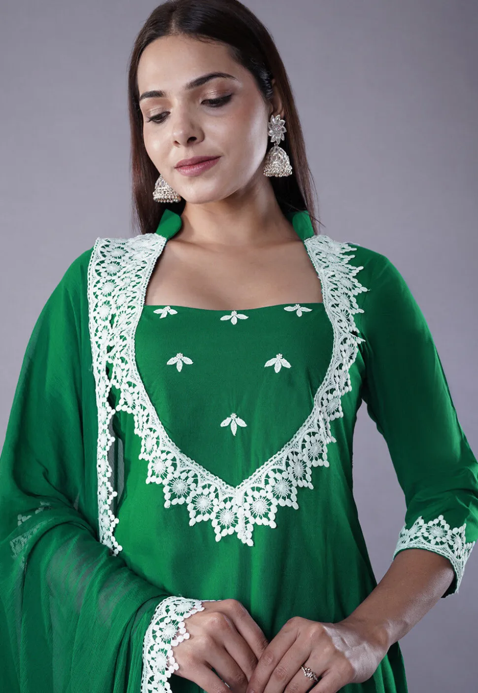 Embroidered Rayon Punjabi Suit in Green