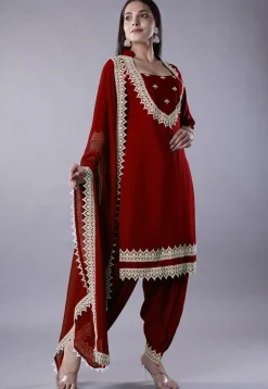 Embroidered Rayon Punjabi Suit in Maroon
