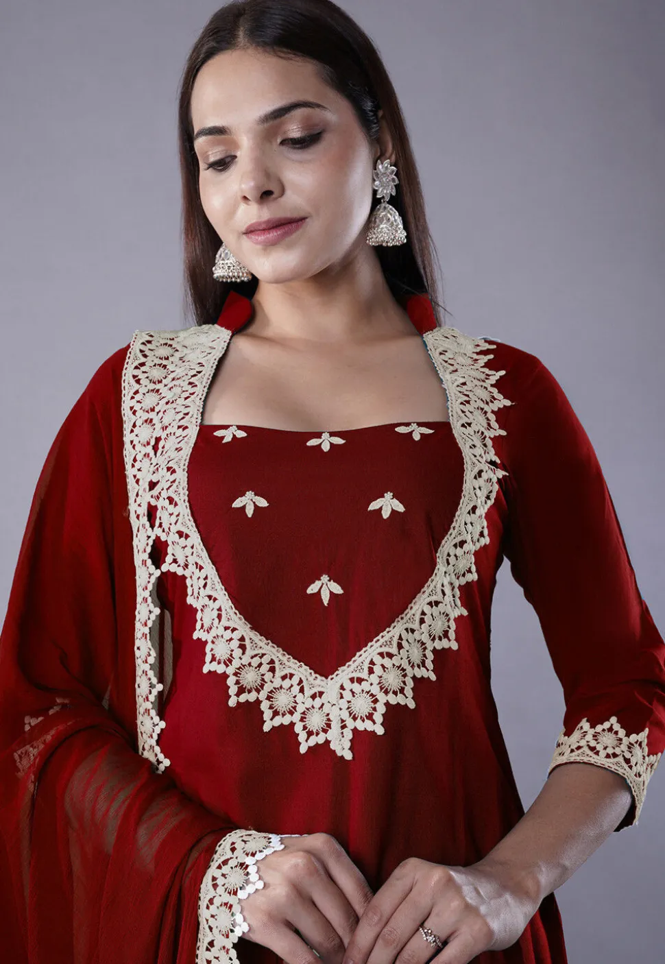 Embroidered Rayon Punjabi Suit in Maroon