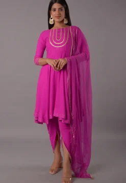 Embroidered Rayon Punjabi Suit in Magenta