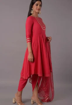 Embroidered Rayon Punjabi Suit in Red