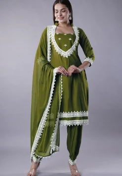 Embroidered Rayon Punjabi Suit in Olive Green