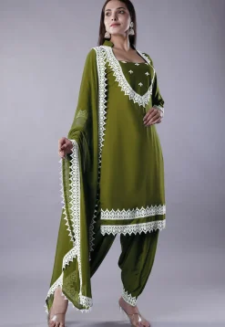 Embroidered Rayon Punjabi Suit in Olive Green