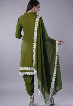 Embroidered Rayon Punjabi Suit in Olive Green